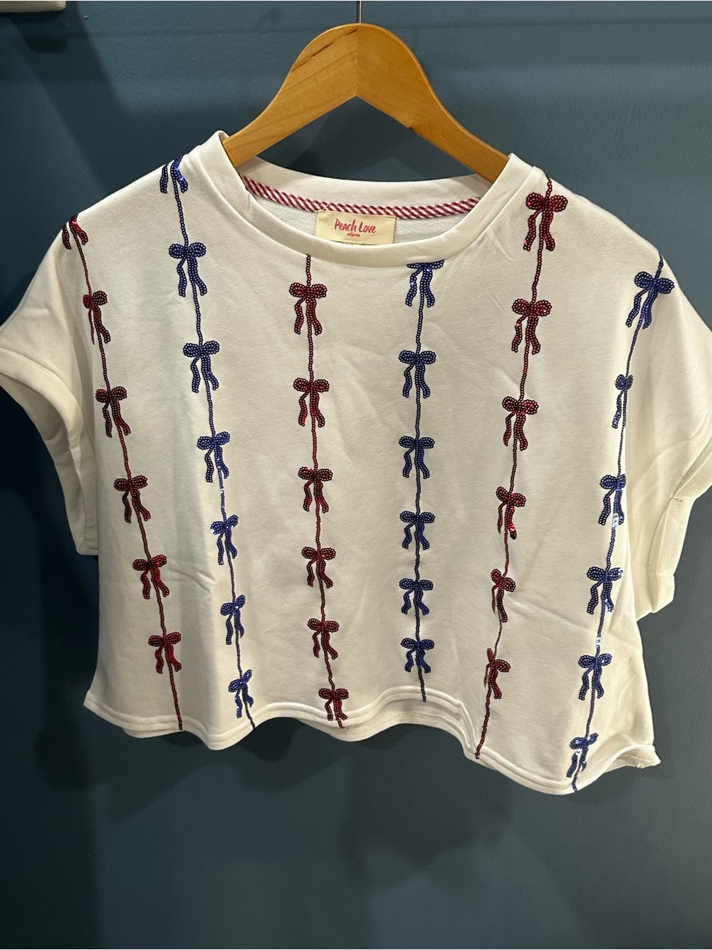 Peach Love California White Cropped Tee with Red & Blue Bow Stripes